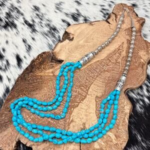 1990s SOUTHWEST STYLE Sterling Silver & Turquoise 3-Strand Nugget Necklace